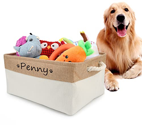 Cuperay Cesta de almacenaje personalizada con nombre y dibujo, cesta plegable para juguetes de perro con asa de algodón, caja de almacenaje para organizar comida, ropa y accesorios para perros(Beige)