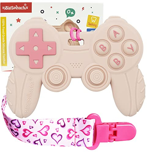Cool Remote Game Control Teething Toy for Babies 0-6 6-12 Months,Game Controller Teether for Gamer Parents,Baby's First Valentines Day Gifts,Silicone Remote Chew Toys（Pink