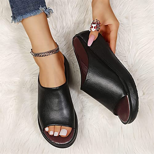 DOIX Mules Compensées Confortables Pantoufles Plateforme avec Soutien Plantaire pour Femmes Sandales D'été À Bouche de Poisson Chaussures de Marche de Plage en Plein Air,Noir,US6/EU37