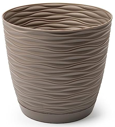 Acan Tradineur - Maceta Redonda de plástico, Plato Integrado, Tiesto, macetero de Polipropileno, Recipiente para Plantas, Flores, balcón, terraza, hogar, Fabricada en España (Wind, Topo, 19 cm)