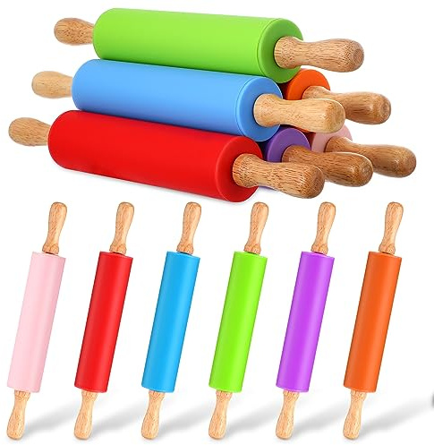 Dandat 6 Pcs Small Rolling Pin Kids 12 Inch Mini Silicone Rolling Pin for Baking Non Stick Kids Dough Roller with Wooden Handle for Kitchen Cookie Pastry Fondant Cake 6 Colors