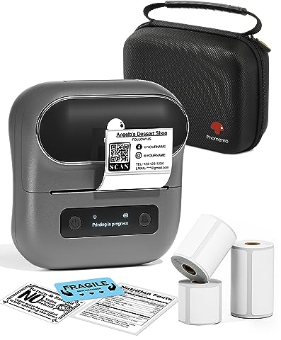 Phomemo M220 Etikettendrucker, Bluetooth Tragbarer Etikettendrucker für Barcode, Adresse, Haus, Mailing, Kleinunternehmen, Kleidung, mit 3 Rollen Etiketten & Tasche,Grau