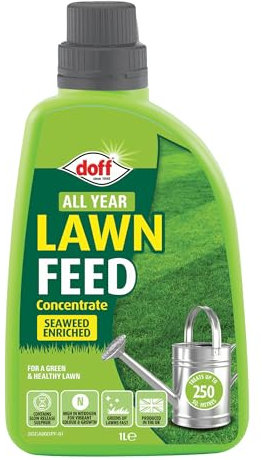 Doff All Year Lawn Feed Concentrate – 1L Liquid Fertiliser for Fast-Growing Healthy Grass – Seaweed Enriched Lawn Care for New & Established Gardens Year-Round Greener Grass