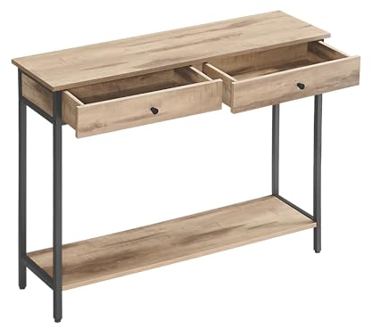 VASAGLE Konsolentisch, Flurtisch, Beistelltisch, Sofatisch mit 2 Schubladen, Stahlgestell, Flur, Wohnzimmer, Industrie-Design, Kamelbraun-tintenschwarz LNT015W01
