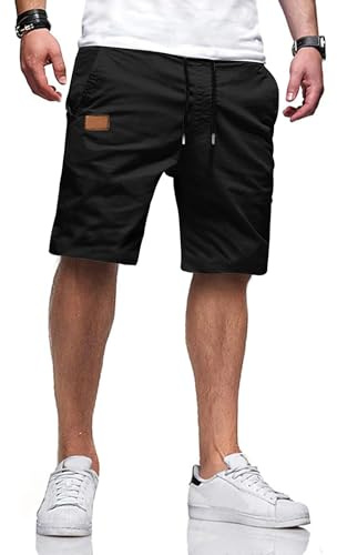 TARAINYA Kurze Hosen Herren Baumwolle Casual Shorts Herren Tunnelzug Elastische Sommer Chino mit Taschen Schwarz XL