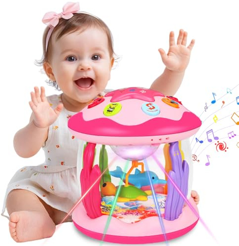 Baby Toys 6-12 Months Girl Gifts: Babies Ocean Rotating Light Up Musical Toys for Toddlers 1 2 Year Old Crawling Learning Infant Toy 6 7 8 9 10 11 12 Months Old Baby Girl Gift (Pink)