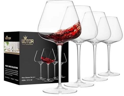 WOTOR Juego de copas de vino tinto de 4 a 25 onzas grandes de color burdeos con tallo largo, copas de vino de cristal soplado a mano, ligeras, ultrafinas, sin plomo, embalaje de regalo para boda,