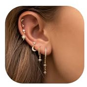 SIXDUTON 6pcs Ohrringe Helix Piercing Gold Set für Damen, 18K Vergoldet Hypoallergen Ohrstecker Mond und Sterne, CZ Flatback Ohrstecker Huggie für Frauen (A-Gold)