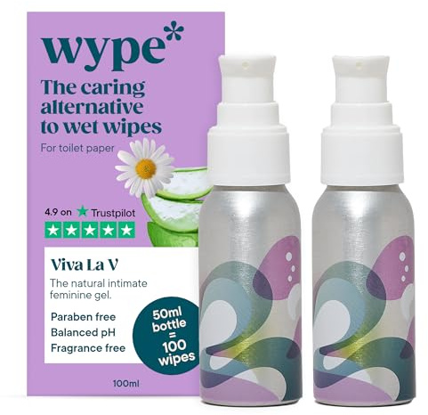 Wype | Viva La V Duo | Intimate Wipes Alternative | Toilet Roll Gel | Feminine pH Balanced, Rose & Geranium Scented | COSMOS Organic | Equivalent To 200 Wipes | 50ml x2
