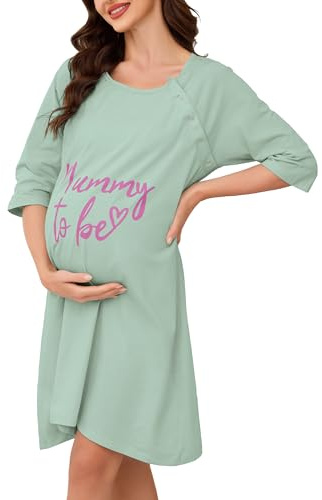 Vlazom Camicia da Notte Premaman Cotone Camicia da Notte Donna per Allattamento Manica 3/4 Girocollo con Bottoni Estiva Ospedale Casa，Verde Chiaro，S