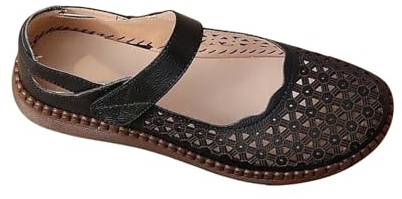Mary Janes Ballerines en cuir pour femme Chaussures de randonnée plates Bout fermé Chaussures d'été avec sangle à boucle Sandales plates creuses respirantes Semelle souple Chaussures de marche, Noir