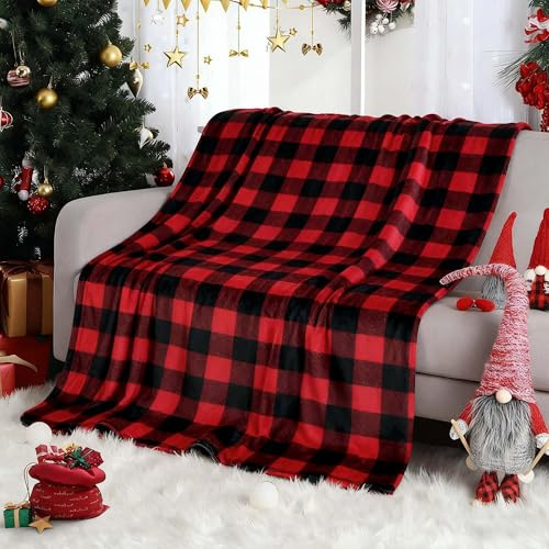 Falflor Christmas Blanket Fleece Throws for Sofas 130x150cm Red Xmas Festival Fluffy Bed Throw Soft Blanket for All Season Bed Couch Armchairs Travel Car
