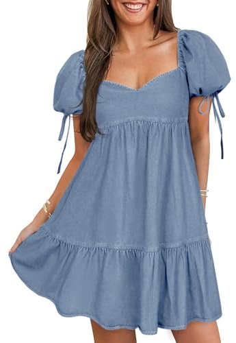POTILI Denim Dress for Women Puff Short Sleeve Jean Dresses Sweetheart Neck Ruffle Hem Denim Mini Dress Light Blue