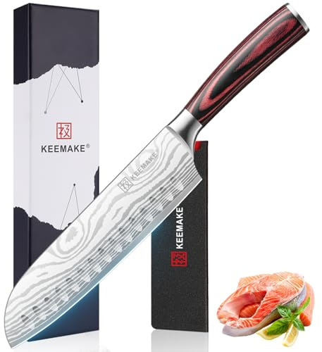 KEEMAKE Couteau Cuisine Santoku 18 cm, Couteau de Cuisine Professionnel avec Fourreau de Lame, Couteaux en Acier Inoxydable pour Légume Poisson