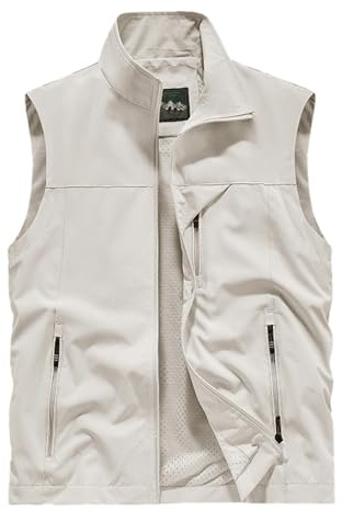 2026 - Chaleco sin mangas para hombre, ropa exterior, verano, exterior, chaleco, viajes, fotografía, trabajo, pesca, chaleco cargo con bolsillos, camiseta de fitness para hombre, cuello en V, beige, L