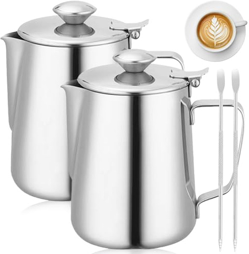Brocca per latte con coperchio, 350 ml, in acciaio inox, per latte, caffè, caffè, cappuccino (2P)