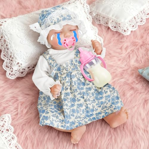 JONRRYIN Bebe Reborn con Sensor de Gravedad, 43cm Muñecos Bebes Nina, Baby Reborn Que Llora, Ríe y Respira, Ideal para Niños Desde 3 4 5 6 7 8 Años (Azul)