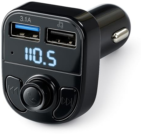 Bluetooth Car Adapter FM Transmitter Wireless Car MP3 Player with Dual USB Fast Charger 5V/3.1A and 1A Built in MIC Hands Free Calling Noise Cancelling LED Display Supports SD Card USB Disk
