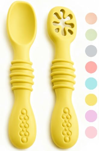 VegMai® Precucchiai per bambini. BLW Learning Spoons, Phase 1 + Phase 2. Raccomandato da nutrizionisti ed esperti di svezzamento. Rivestito in Silicone Antibatterico ed Ergonomico. (GIALLO)