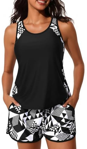 CheChury Tankini de Bain 2 Pièces pour Femme Maillot de Bain Sportif Imprimé Floral Débardeur et Short à Poches Modeste Tankini Été Plage Piscine Croisière