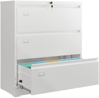 DEVAISE Metal Lateral File Cabinet with Lock, 3 Drawer Filing Cabinet with Business Card Holder, Suitable for Home Office School Hanging Files Letter/Legal/F4/A4 Size, White