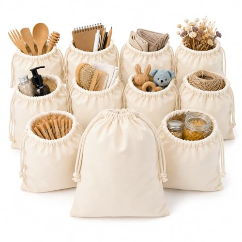 Pack 10 Bolsas de Tela de Algodón Natural de 25x30cm Reutilizables con Cierre de Cuerda | Bolsa Tela estilo tote bag Multiusos para Regalos, Organización o Ropa | Se pueden usar para pintar. (Pack 10)