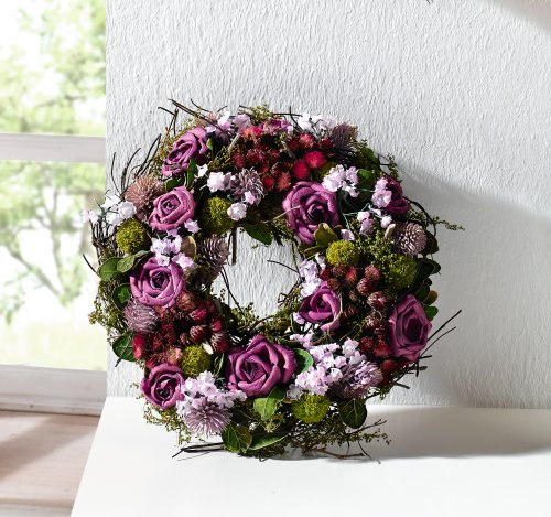 Dekoleidenschaft Deko-Kranz Lila Rose aus Naturmaterialien und Textilblüten, Hochzeitsdeko, Tischkranz, Ø 21 cm, Wandkranz, Rosenkranz, Schmuckkranz, künstlicher Blumenkranz, Kunstkranz