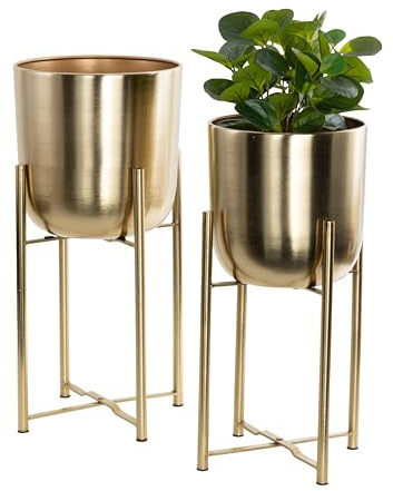 CosmoLiving by Cosmopolitan Metal Indoor Outdoor Planter Dome Large Planter Pot with Removable Stand, Set of 2 Planters 19, 22H, Gold