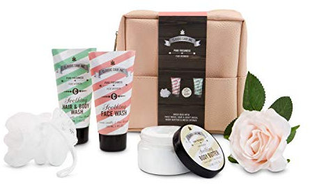 Römer Wellness Geschenkset: Classic Care – Für Sie, 4-teilig: 2in1 Duschgel & Shampoo, Körperbutter + Meshschwamm in rosé-beiger Kosmetiktasche, Warme Vanille & Lindenblüten; ca. 19 x 6 x 19 cm