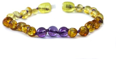 Baby J's - Lemon, Honey and Amethyst Coloured Bracelet/Anklet - Premium Amber Bracelet - Handcrafted with 100% Baltic Amber - Fitted with a Safety Screw Clasp - Knotted to Prevent Scattering - 17cm