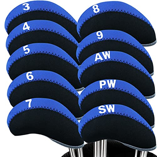 Capuchon de Golf Club Couvre Fer Protection Long Cou Impression de Numéro Value 10 Pcs, Housses de Tête de Club de Golf avec Fermeture éclair, Adaptées à Toutes Les Marques (Bleu -No Fenêtre)