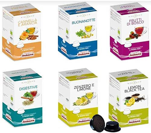 Sandemetrio Te E Tisane 96 Capsule (6 box) Compatibili Lavazza A Modo Mio Gusti A Scelta: Cannella E Arancia, Frutti Di Bosco, Te Nero Al Limone, Zenzero E Limone, Tisana Digestiva E Tisana Notte
