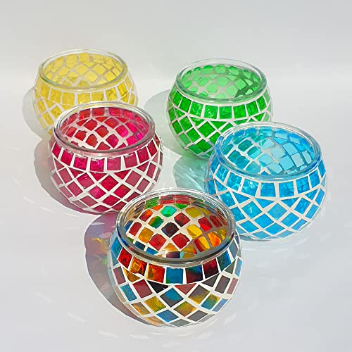 Mosaic Glass Candle Holder Vintage Jar Tealight Holders, Home Decoration with upto 8 Hour Burn Tea Light Candles (5 Pack)