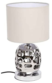 THE SECRET HOME - Lámpara de Noche en Tela y Cerámica para Mesita - Iluminación Hogar - Decoración Dormitorio y Salón - Alto: 36 cm x Diámetro: Ø20 cm - Modelo 3 - Beige/Metalizado