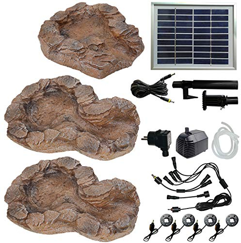 Solar GARTENBRUNNEN Bachlauf QUELLBACH II mit LED-Licht/Hybrid-System, 230V ZIERBRUNNEN VOGELBAD Wasserfall GARTENLEUCHTE TEICHPUMPE