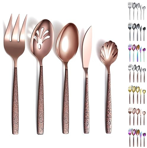 Evanda 5 Stück Besteck, Edelstahl Besteck Set, brauner Griff und glänzender Kopf aus Roségold, Servierlöffel, Schaumlöffel, Serviergabel, Zuckerlöffel, Butterstreuer
