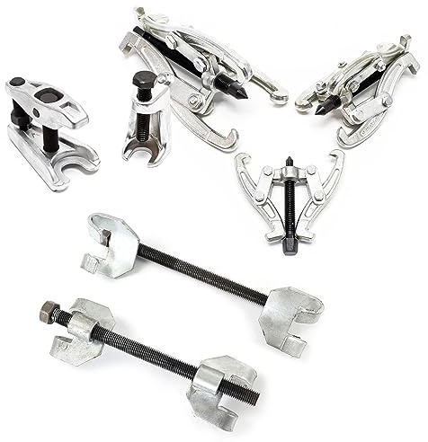 XPOtool Federspanner Satz 7-TLG. 355 mm aus Stahl, mit Klauen- & Kugelgelenkabzieher Montagespanner Audrücker, für Pkw Tuning Tieferlegung, Spannwerkzeug
