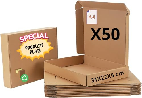 Lot de 50 Boîtes Postales Extra-Plates Format A4 | Dimension : 310x220x50 mm | Emballage et Expédition Produits Plats (cadre photo, livres, Chemise...)