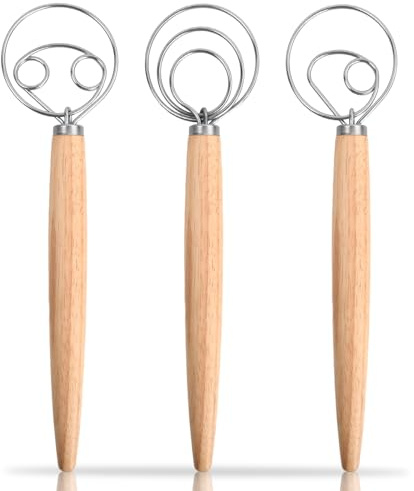 3 Piezas Batidor de Masa, Batidora Danesa, Atidora Manual Danés 33.3cm, Batidor de Pan Holandés, Batidor de Huevo Amasadora Manual con Mango de Madera para Hornear Pan Masa