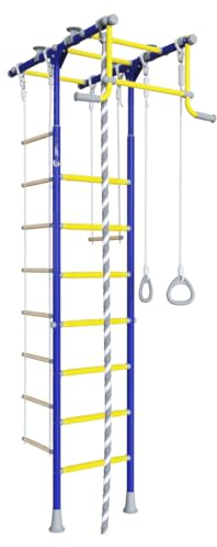 JEFLEX Espalier bleu/jaune pour enfant avec cadre en forme de T / complexe de sport pour enfants pour le fitness et le plaisir dans la chambre d'enfant / stable, peu encombrant et facile à monter /
