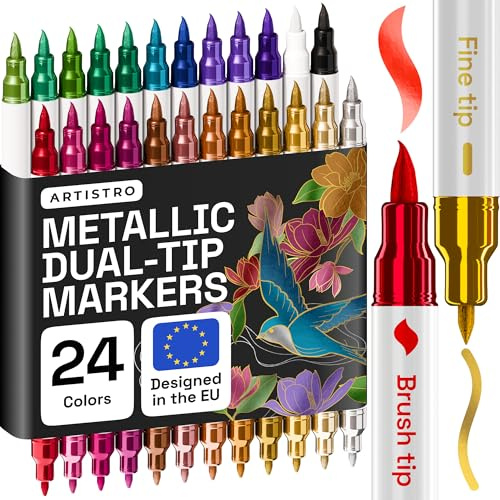 ARTISTRO 24 Metallic Acrylic Paint Markers - Paint Pens for Drawing, Brush + Fine Tips - For Fabric, Rock, Glass, Wood, DIY - Art & Craft Supplies for Adults, Teens, Kids - Teacher Appreciation Gift