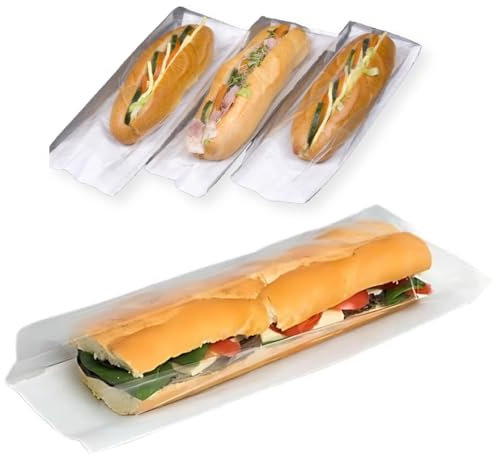 Clearly 100 Baguette Bags 4x6x14 Inch (10x15x35cm) White Paper With Clear Window Film Front, Cellophane for Sandwiches, Bakery, Cookies Packaging, Takeaway Food
