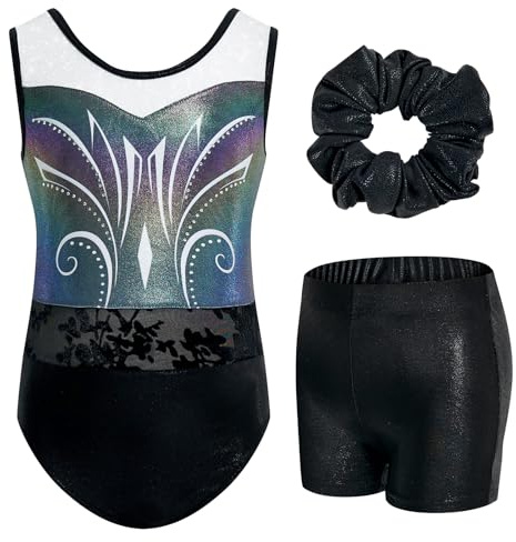 JiAmy Ensemble de gymnastique pour filles de 3 pièces avec short et bandeau pour les cheveux Ensembles de gymnastique brillants pour enfants de 3 à 12 ans, Noir , 6-7 ans