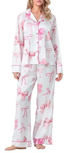 ensswliz Bow Pajamas for Women Long Sleeve Button Shirt Lounge Pants Pjs Set Silk Satin 2 Piece Sleepwear (A-Pink Bow, M)