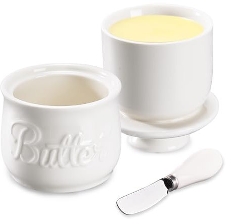 Beurrier Français, Beurrier à Eau en Céramique avec Couvercle et Couteau, Refroidi à l'eau, Pot à Beurre avec Ligne d'Eau pour Beurre Frais à Tartiner