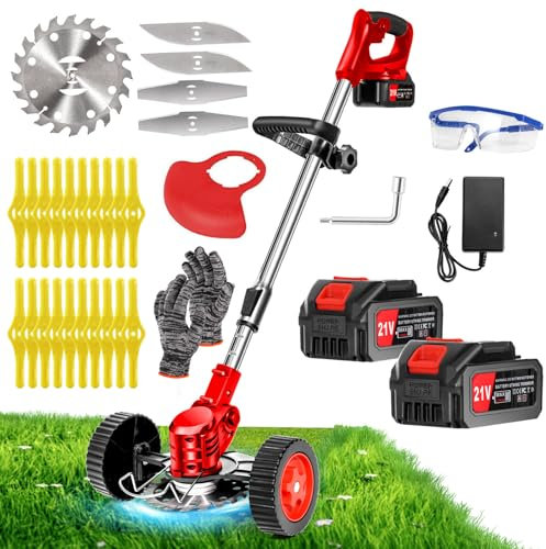 LKTOLS Desbrozadora a batería de 21 V, cortabordes a batería, cortabordes eléctrico con 2 baterías de 4,0 Ah y 4 tipos de cuchillas, ruedas extraíbles, desbrozadoras de jardín, altura ajustable para