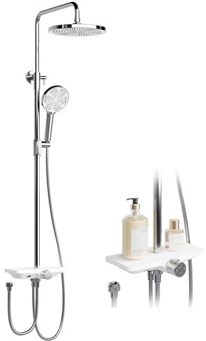 Regendusche Ohne Armatur Mit Ablage, Duschsystem Mit Duschkopf Edelstahl Verstellbare DuschsäUle Duschstange ÜBerkopfbrause Set Kopfbrause Rund 25cm Chrom