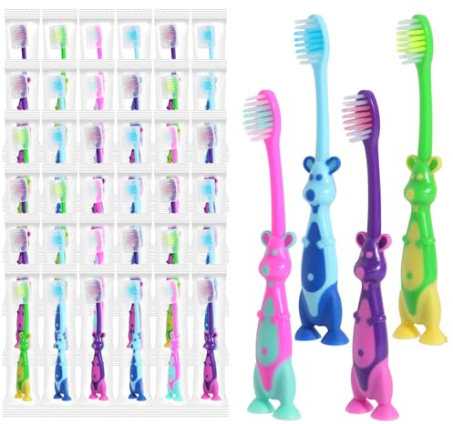 Akulgaci 100 Pack Kids Toothbrush Bulk Soft Bristles Toddler Cute Toothbrush with Suction Cup, Includes Travel Covers, Individually Wrapped Toothbrushes for Kid Home School Daycare Camp (Kangaroo)