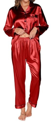 TeJoyce Damen Satin Weihnachts Schlafanzug Lang, Zweiteiliger Seide Pyjama Frauen, Set Langarm mit Knöpfen und Passende Schlafhose, Weihnachtlicher Seidenpyjama zum Winter (Rot, M)