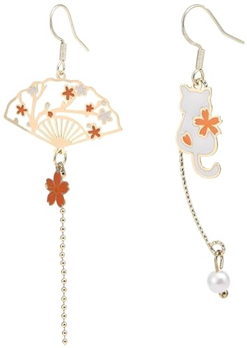 Boucles d'oreilles éventail sakura chat émaillé rose - Charmes floraux cadeaux printemps (Blanc)